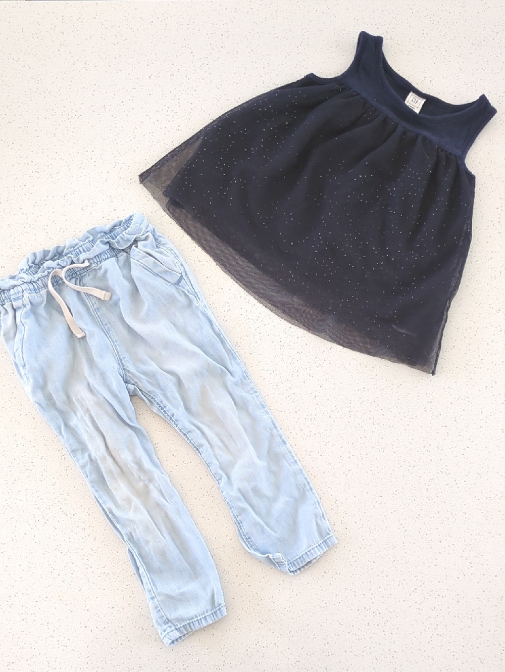 GAP 2 Piece Set - Light Blue Chambray Pants, Navy Sparkle Tule Top